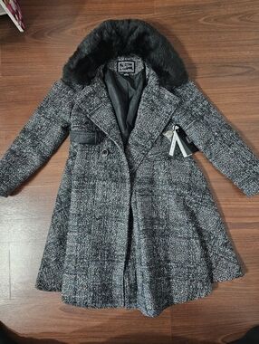 Rothschild Black Tweed Girls' Pea Coat with Faux Fur Collar